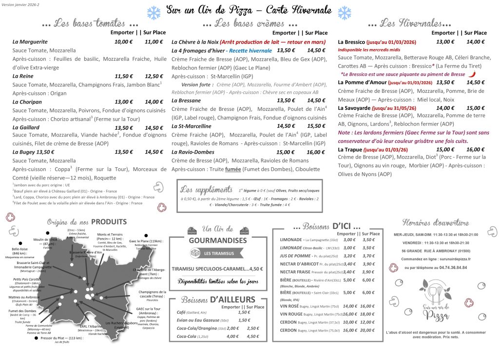 Menu Sur un Air de Pizza Janvier 2026