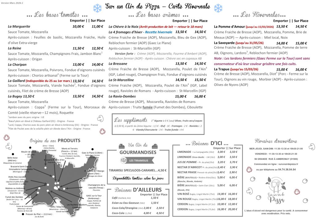 Menu Sur un Air de Pizza Mars 2026