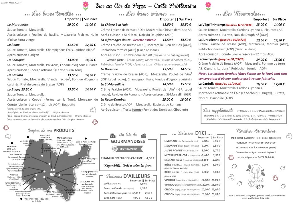 Menu Sur un Air de Pizza Mars 2026