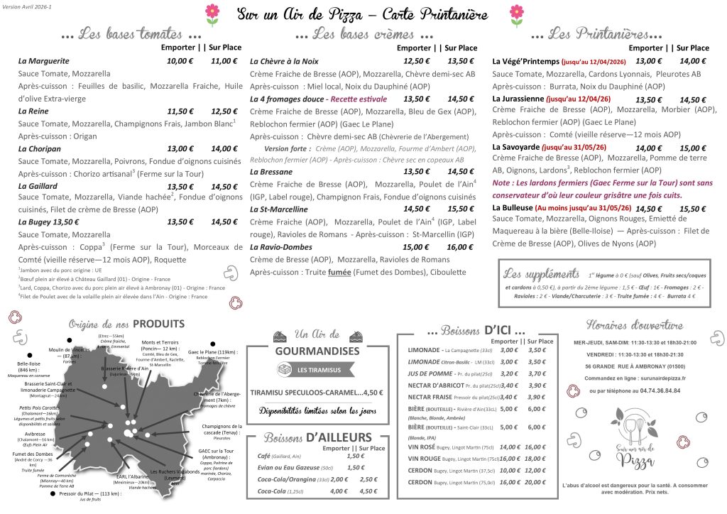 Menu Sur un Air de Pizza Avril 2026