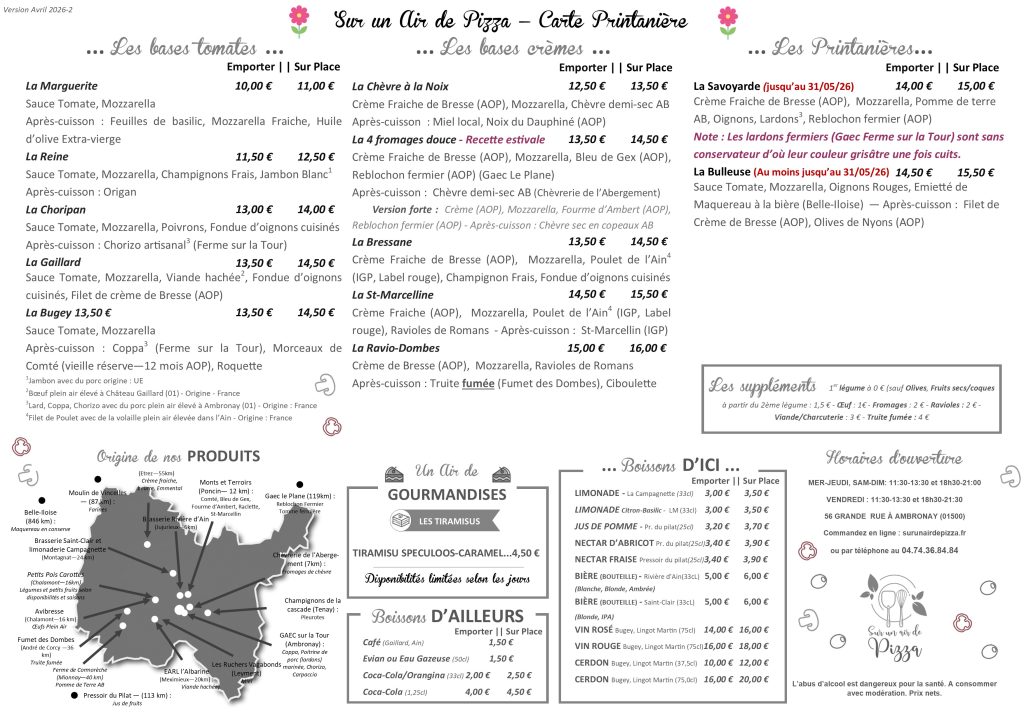 Menu Sur un Air de Pizza Avril 2026