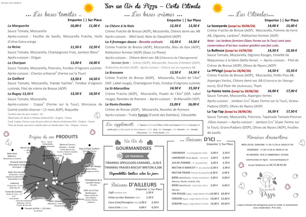 Menu Sur un Air de Pizza Juin 2026