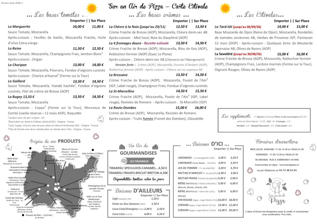 Menu Sur un Air de Pizza Aout 2026