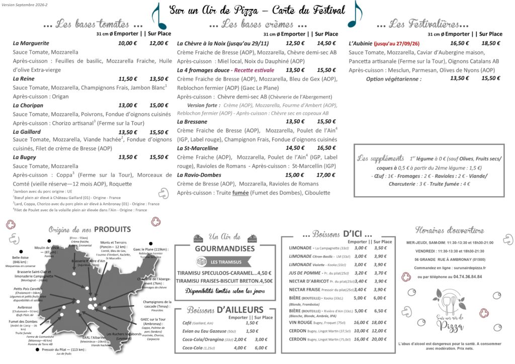 Menu Sur un Air de Pizza Septembre 2026